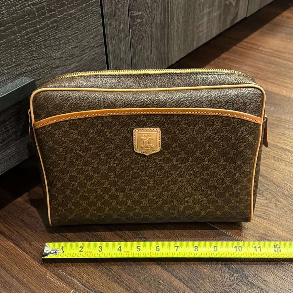 Celine Pre Owned Authentic Brown and Tan Toiletry Bag with Monogram Pattern.